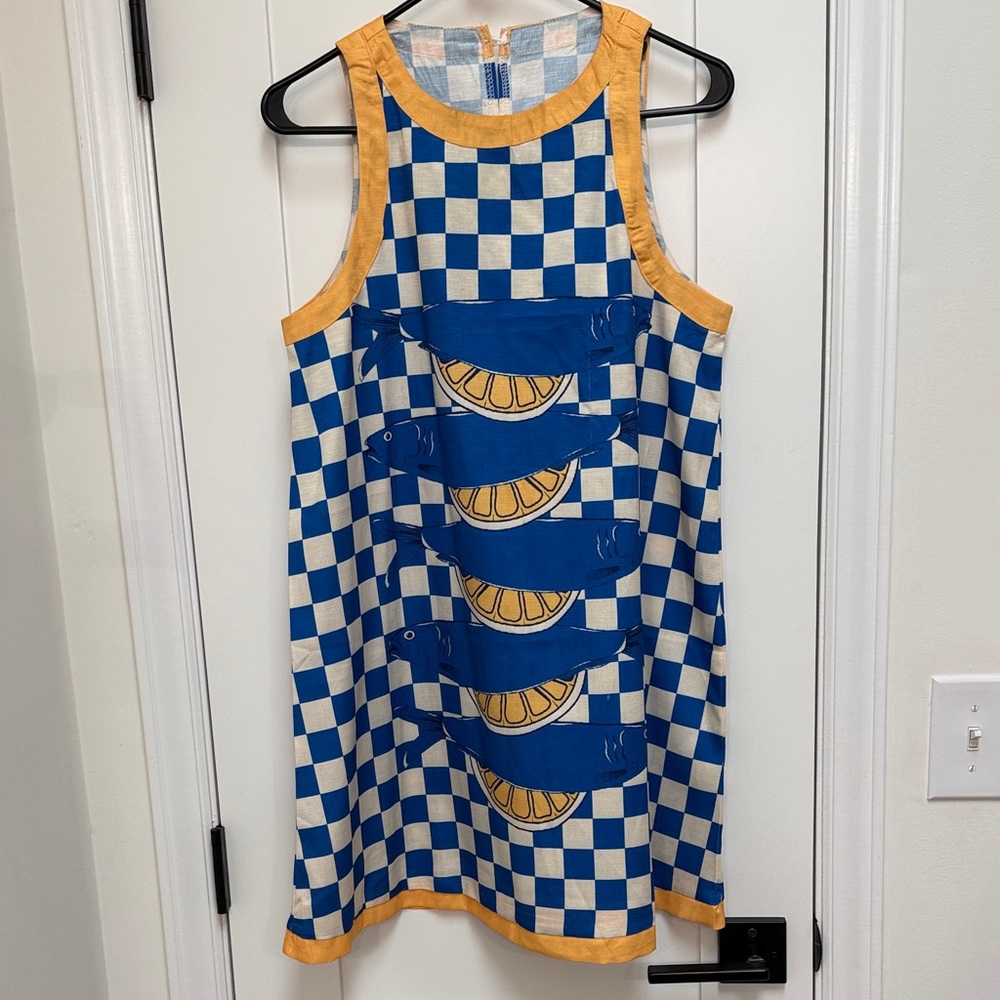 Blue and Yellow Sardine and Lemon Checkered Dress